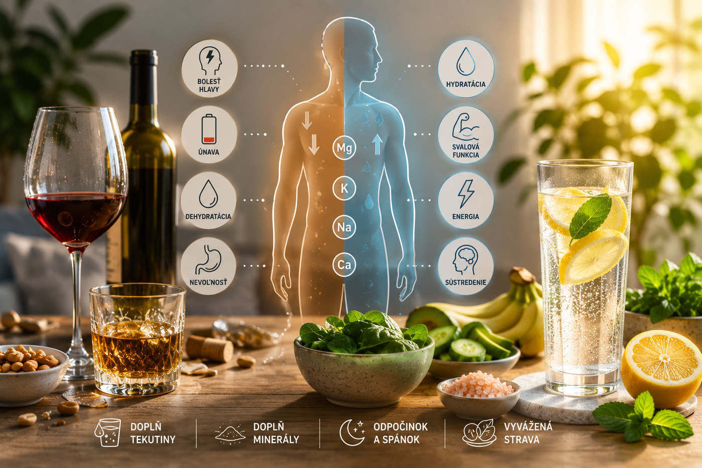 Vizualizácia k článku – Minerály a alkohol: prečo telo po väčšej konzumácii potrebuje doplniť viac