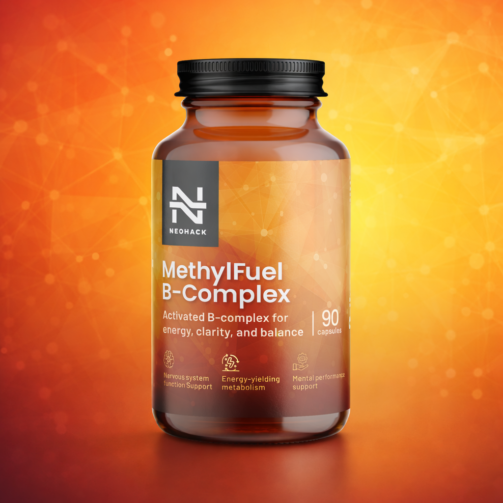 NEOHACK Methyl B-Complex – balenie B-komplexu s aktívnymi formami vitamínov skupiny B, ilustrácia k téme MTHFR a metylovaný folát