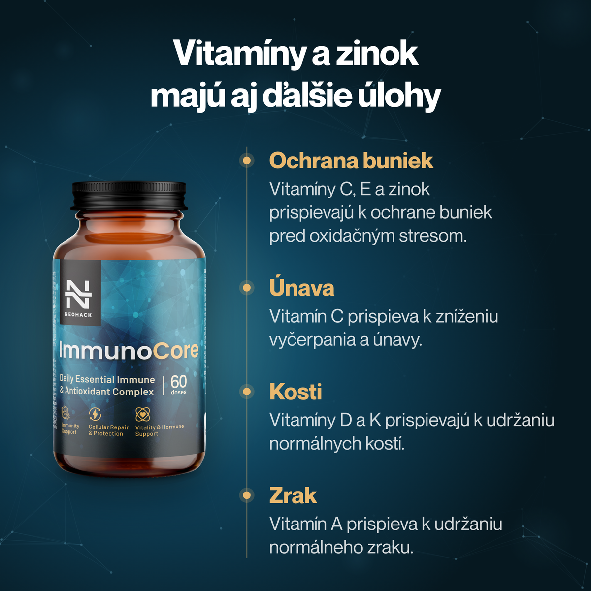 ImmunoCore – ďalšie úlohy vitamínov a zinku: ochrana buniek, únava, kosti, zrak