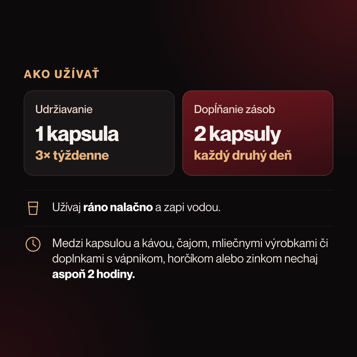 Ako užívať IronFlow – ráno nalačno; udržiavanie 1 kapsula 3× týždenne, dopĺňanie 2 kapsuly každý druhý deň
