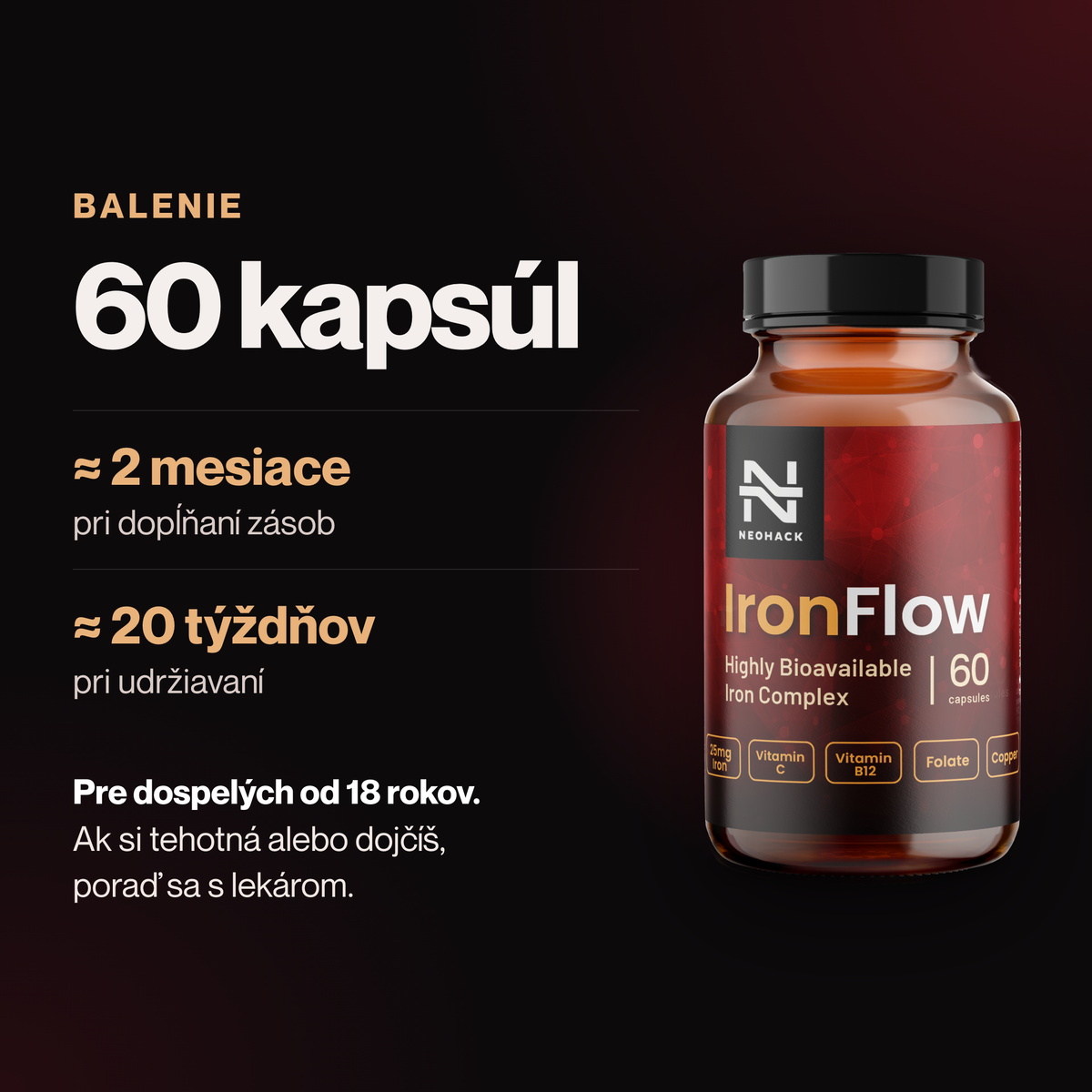 IronFlow balenie 60 kapsúl – približne 2 mesiace pri dopĺňaní, 20 týždňov pri udržiavaní