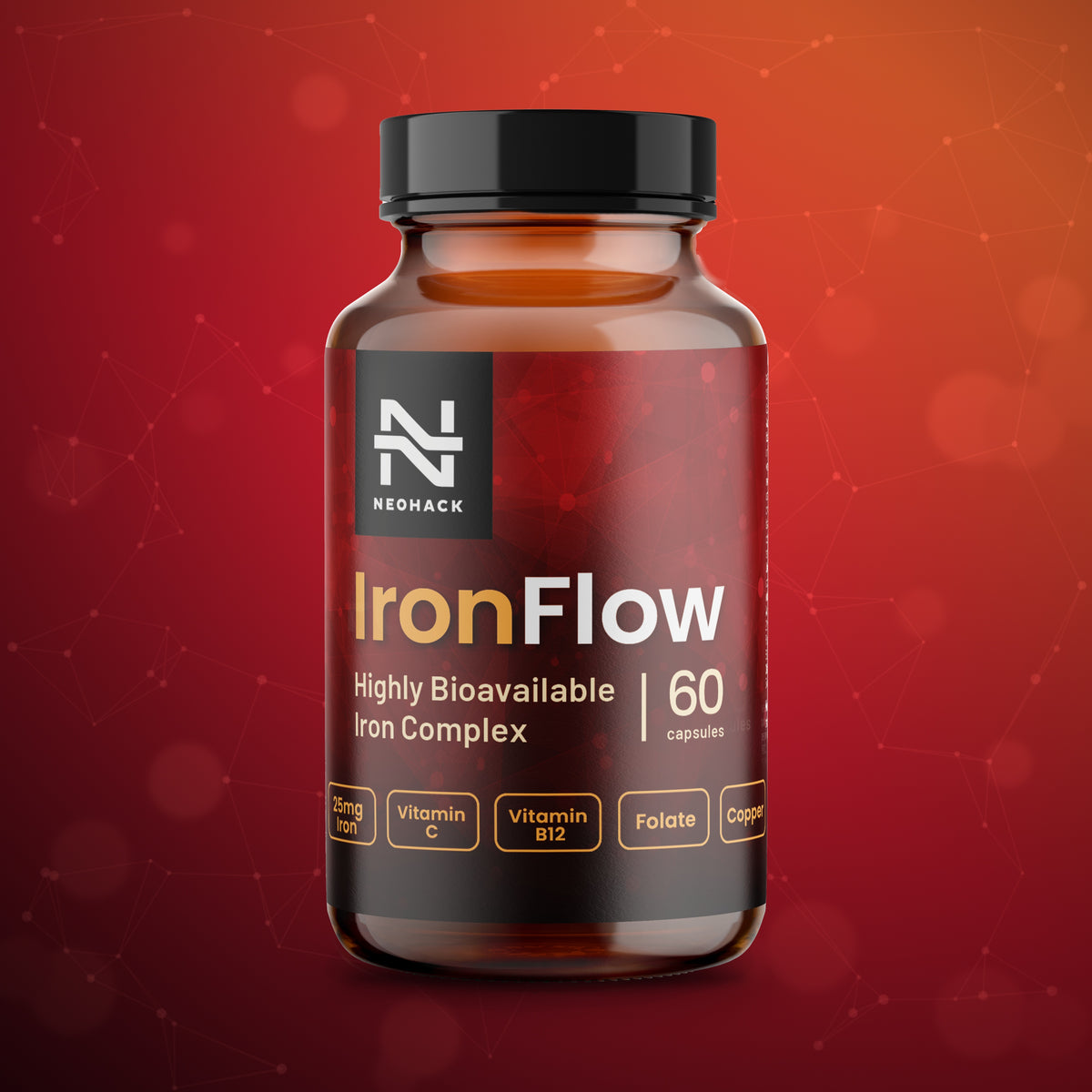 IronFlow – železo s vitamínom C, meďou, folátom a B12, 60 kapsúl NEOHACK