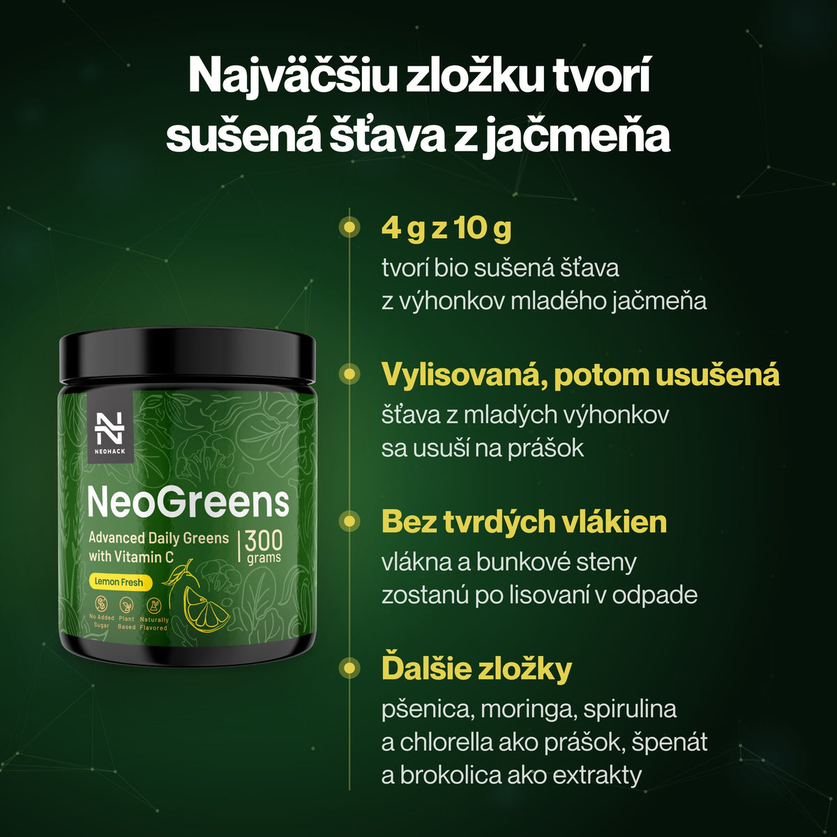 NeoGreens – Najväčšiu zložku tvorí sušená šťava z jačmeňa