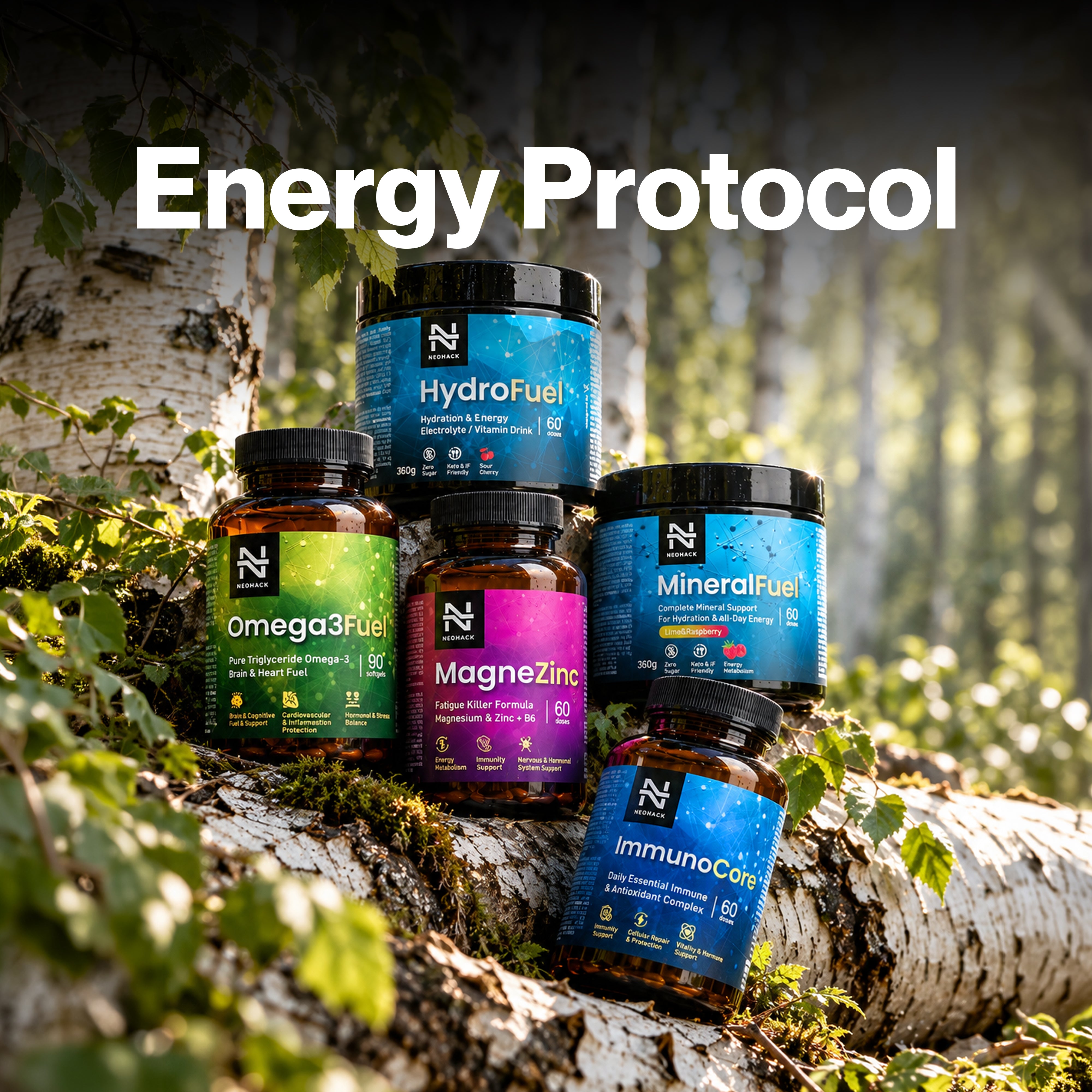 NEOHACK Energy Protocol - Celý deň na vlastnej energii - HydroFuel, Omega3Fuel, ImmunoCore, MineralFuel, MagneZinc+B6