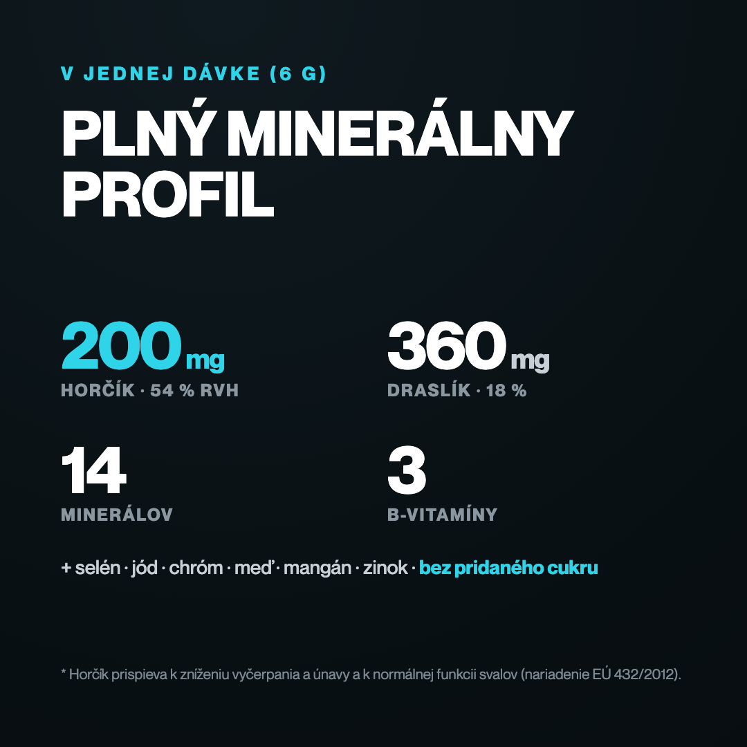 MineralFuel – v jednej dávke 6 g: 200 mg horčíka, 360 mg draslíka, 14 minerálov