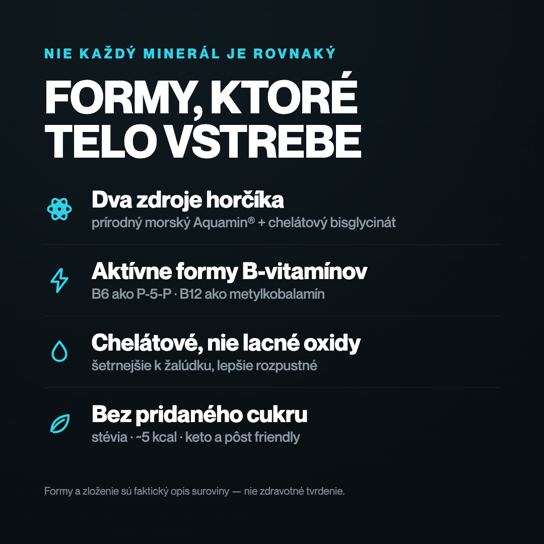 MineralFuel – kvalitné formy: dva zdroje horčíka, aktívne B-vitamíny