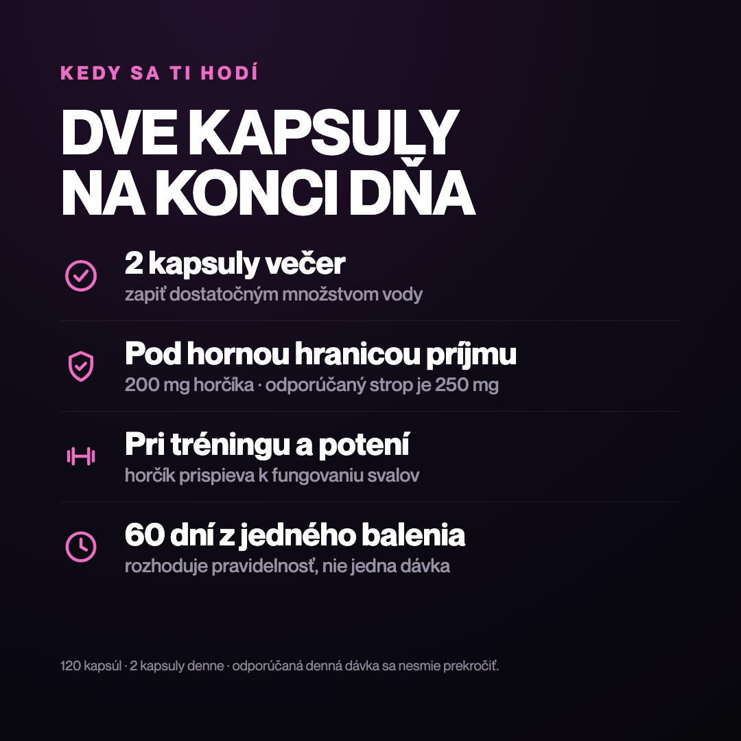 MagneZinc + B6 — dávkovanie 2 kapsuly večer a kedy sa produkt hodí