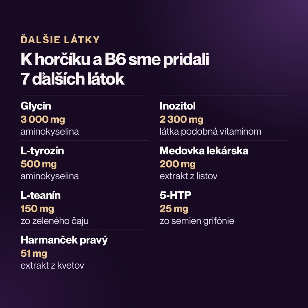 Ďalšie látky v NeuroCalm: glycín, inozitol, L-tyrozín, medovka, L-teanín, 5-HTP, harmanček
