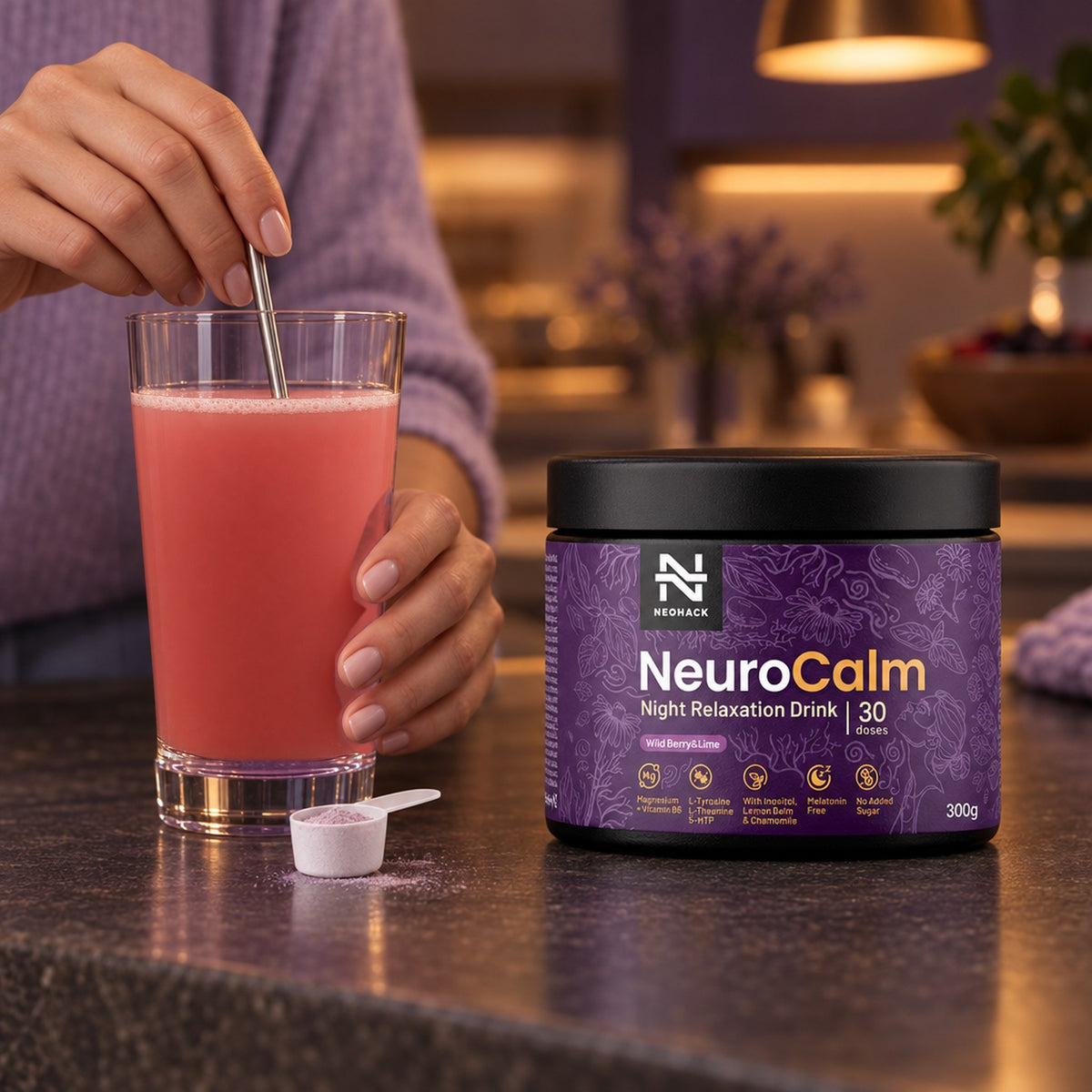 Príprava nápoja NeuroCalm v pohári vody