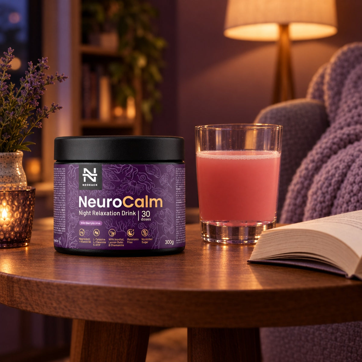 NeuroCalm a pohár nápoja na stolíku vo večernom svetle