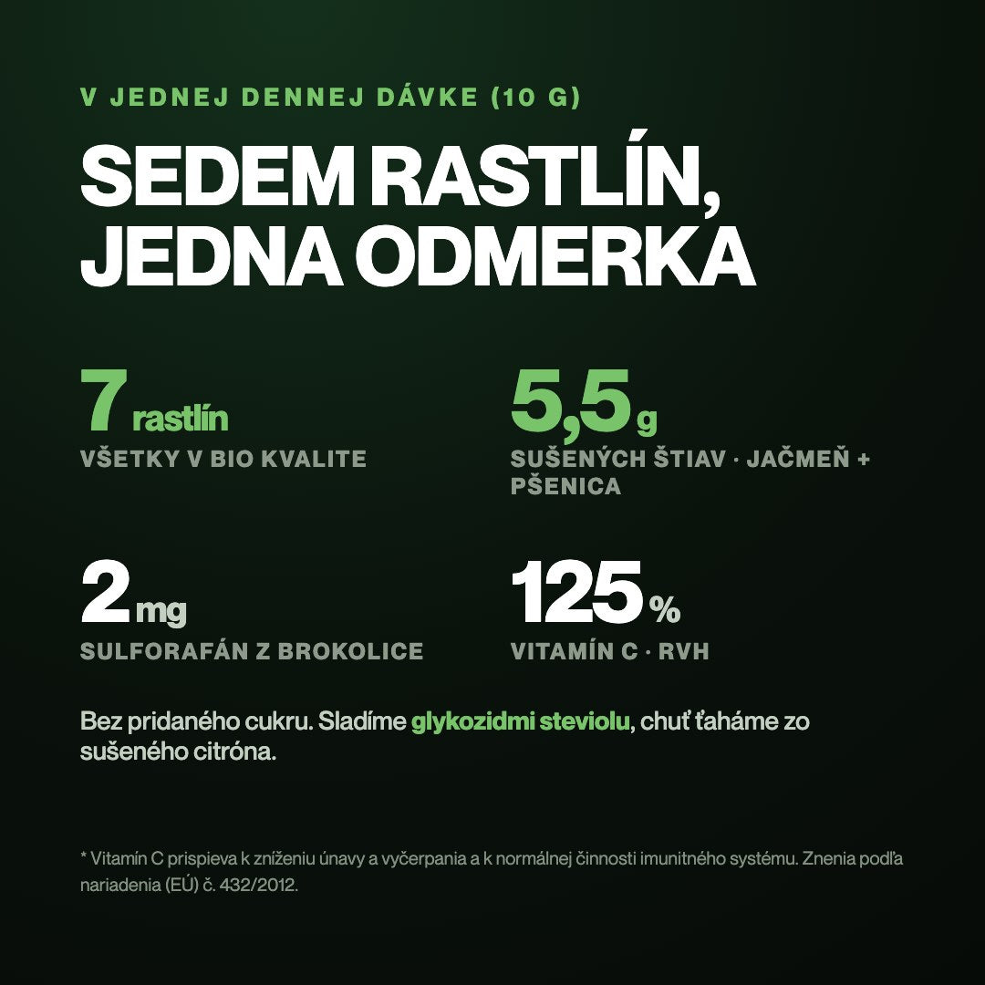 V dennej dávke 10 g: 7 bio rastlín, 5,5 g sušených štiav, 2 mg sulforafánu, 125 % vitamínu C
