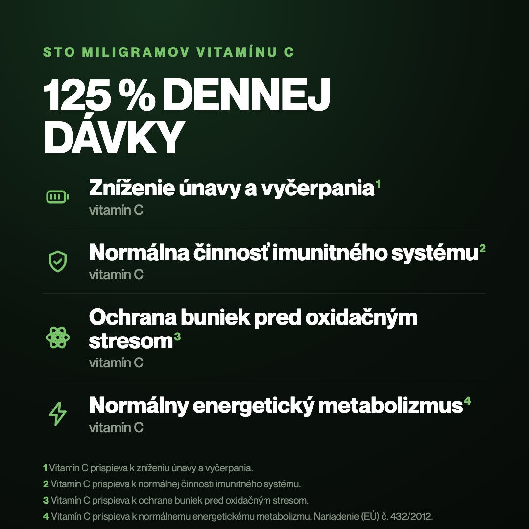 100 mg vitamínu C, 125 % dennej dávky — zníženie únavy, imunita, ochrana buniek, energetický metabolizmus