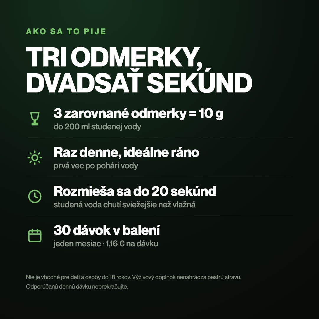 Ako sa NeoGreens pije: 3 odmerky, 200 ml vody, 20 sekúnd, 30 dávok v balení