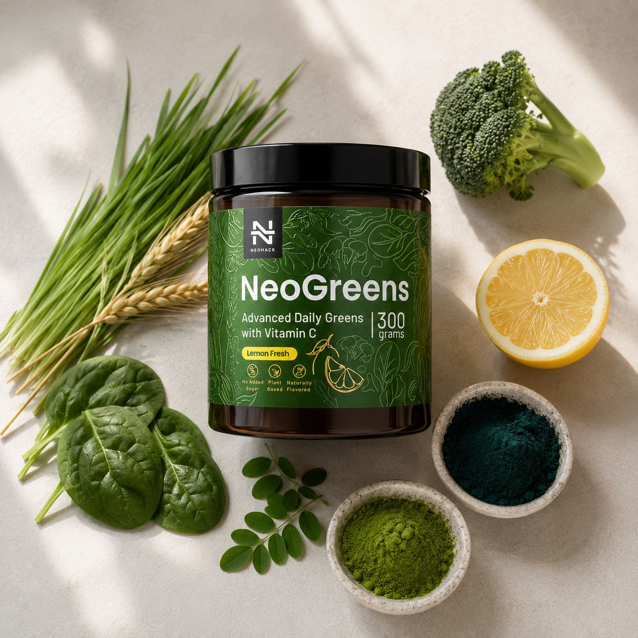 NeoGreens a suroviny zloženia — mladý jačmeň, pšenica, špenát, brokolica, moringa, spirulina a chlorella