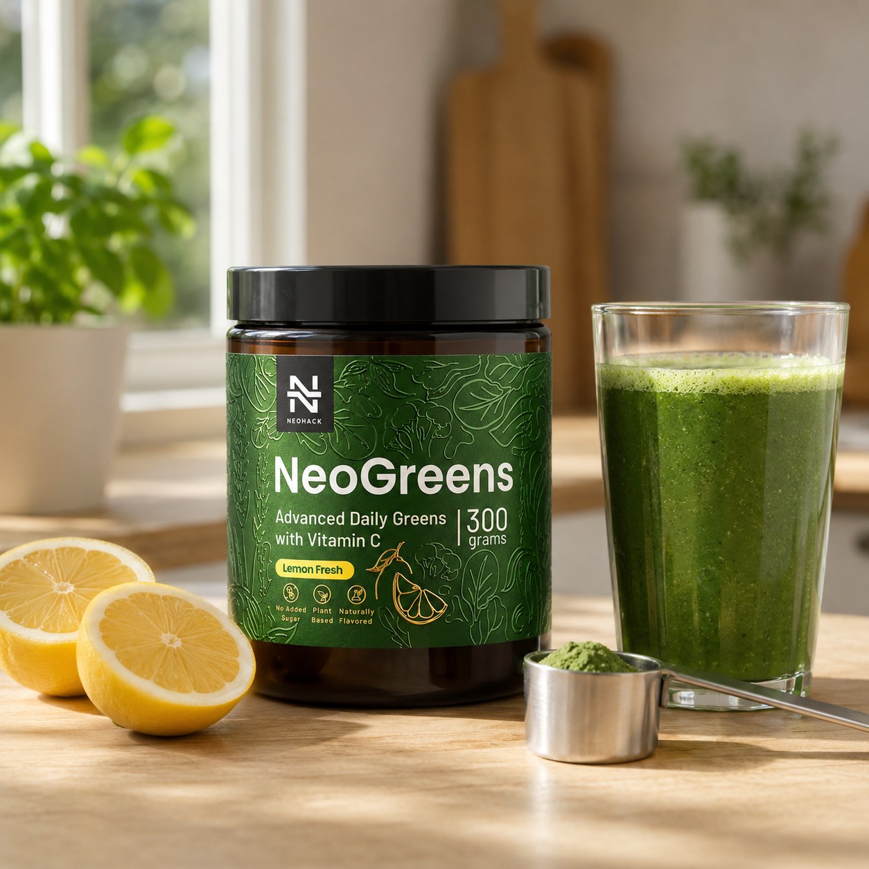 NeoGreens v rannej kuchyni — pohár s pripraveným zeleným nápojom, citróny a odmerka s práškom