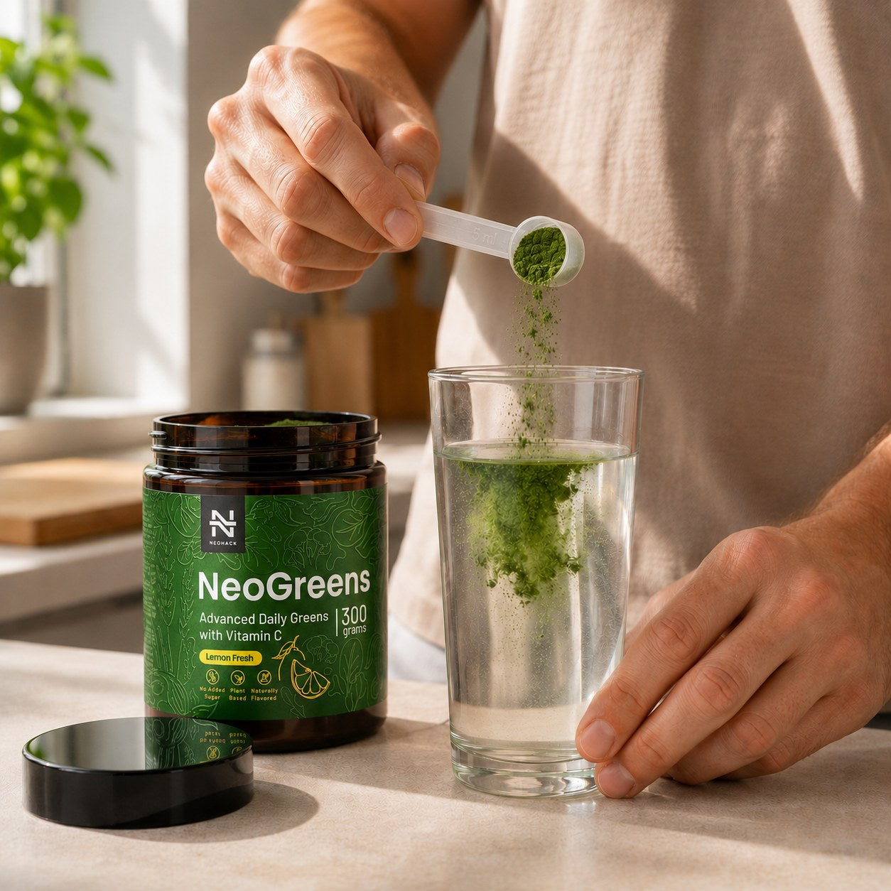 Príprava NeoGreens — 3 zarovnané 5 ml odmerky prášku do 200 ml studenej vody