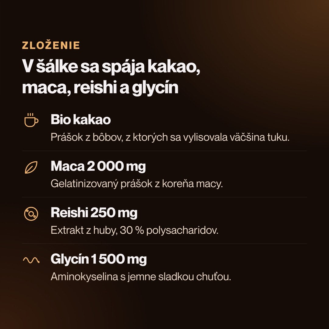 Zložky v jednej šálke RitualCao: bio kakao, maca 2 000 mg, reishi 250 mg, glycín 1 500 mg