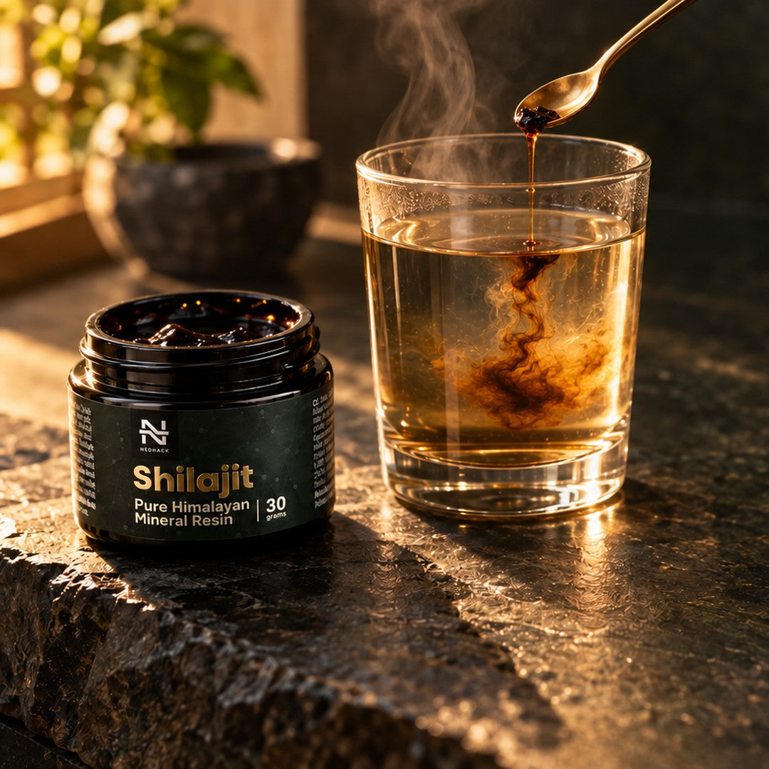 Shilajit rozpustený v pohári teplej vody vedľa otvorenej dózy NEOHACK