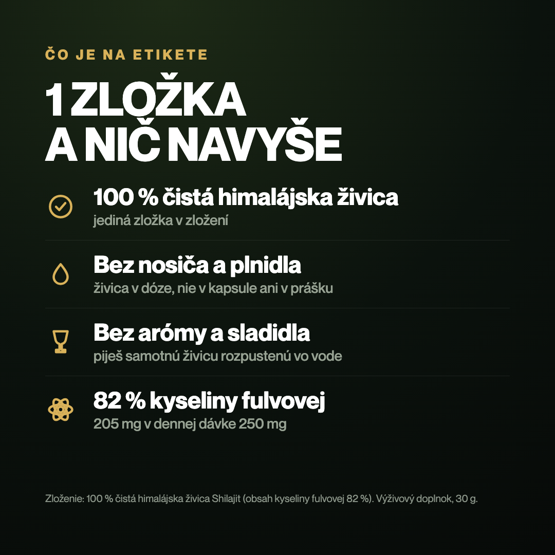 Zloženie: 100 % čistá himalájska živica shilajit, jediná zložka