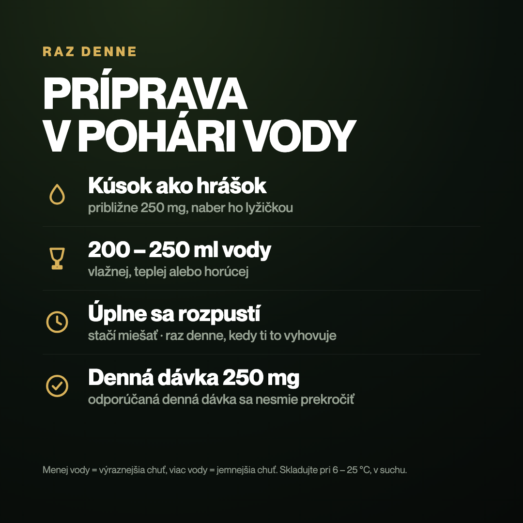 Príprava shilajitu: kúsok veľkosti hrášku rozpustiť v 200 – 250 ml vody raz denne
