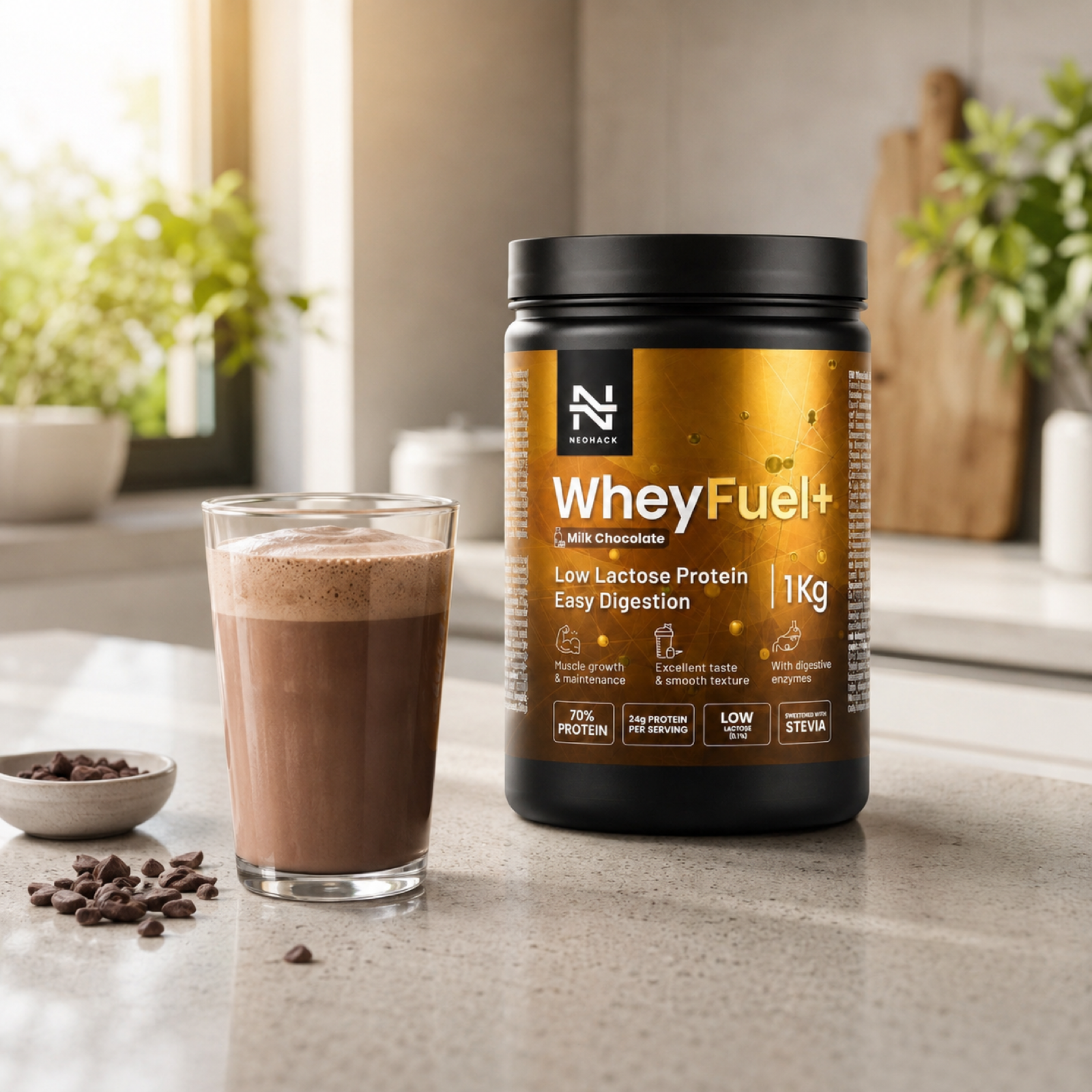 WheyFuel+ srvátkový proteín čokoládový shake v kuchyni - NEOHACK